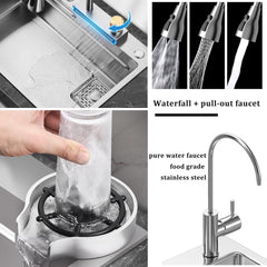Silver Waterfall Kitchen Sink with Integrated Honeycomb Design Single Bowl Multifunction Stainless Steel Sink (30X18X9 Inches)